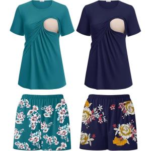 image:imageEkouaer 2 Pack Womens Nursing Pajamas Set Double Layer Maternity Pjs Postpartum Loungewear Set Breastfeeding Tops amp ShortsFloral Navy BlueFloral Teal