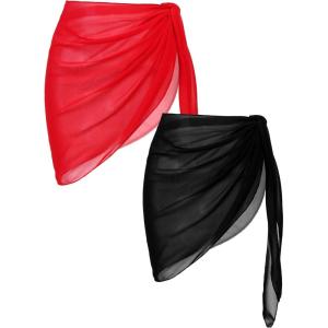image:imageEkouaer 2 Pcs Sarong Coverups for Women Beach Wrap Skirt Chiffon Swimsuit Coverup for Swimwear SXXLBlackred