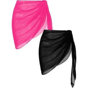 image:imageEkouaer 2 Pcs Sarong Coverups for Women Beach Wrap Skirt Chiffon Swimsuit Coverup for Swimwear SXXLBlackrose Red