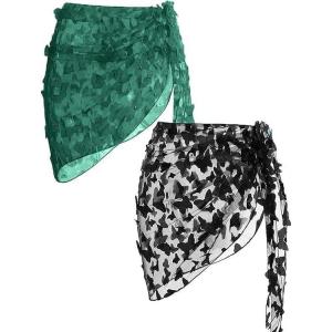 image:imageEkouaer 2 Pcs Sarong Coverups for Women Beach Wrap Skirt Chiffon Swimsuit Coverup for Swimwear SXXLButterflyblackgreen