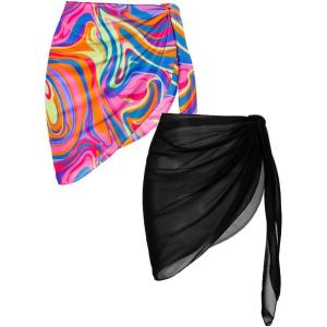 image:imageEkouaer 2 Pieces Women Beach Sarongs Sheer Cover Ups Chiffon Bikini Wrap Skirt for Swimwear SXXLBlack Pink Art Stripe