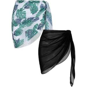 image:imageEkouaer 2 Pieces Women Beach Sarongs Sheer Cover Ups Chiffon Bikini Wrap Skirt for Swimwear SXXLBlackGreen Leaves