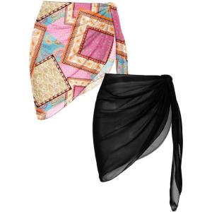 image:imageEkouaer 2 Pieces Women Beach Sarongs Sheer Cover Ups Chiffon Bikini Wrap Skirt for Swimwear SXXLBlackPink Orange Print