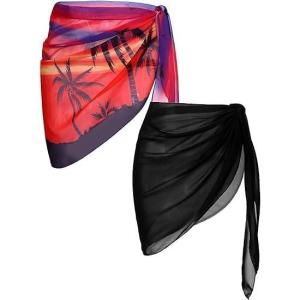 image:imageEkouaer 2 Pieces Women Beach Sarongs Sheer Cover Ups Chiffon Bikini Wrap Skirt for Swimwear SXXLBlackRed Background Black Coconut Tree