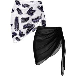 image:imageEkouaer 2 Pieces Women Beach Sarongs Sheer Cover Ups Chiffon Bikini Wrap Skirt for Swimwear SXXLBlackWhite Background Black Leaves