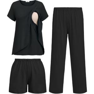 image:imageEkouaer 3 PCS Maternity Nursing Pajamas Set Postpartum Breastfeeding Short Sleeve Shirts Pregnancy Shorts amp Pants Pjs SXXLBlack