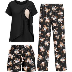 image:imageEkouaer 3 PCS Maternity Nursing Pajamas Set Postpartum Breastfeeding Short Sleeve Shirts Pregnancy Shorts amp Pants Pjs SXXLBlack Print