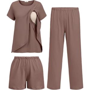 image:imageEkouaer 3 PCS Maternity Nursing Pajamas Set Postpartum Breastfeeding Short Sleeve Shirts Pregnancy Shorts amp Pants Pjs SXXLBrown