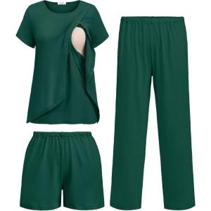 image:imageEkouaer 3 PCS Maternity Nursing Pajamas Set Postpartum Breastfeeding Short Sleeve Shirts Pregnancy Shorts amp Pants Pjs SXXLDark Green