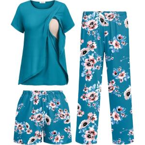 image:imageEkouaer 3 PCS Maternity Nursing Pajamas Set Postpartum Breastfeeding Short Sleeve Shirts Pregnancy Shorts amp Pants Pjs SXXLGreen Print