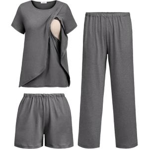 image:imageEkouaer 3 PCS Maternity Nursing Pajamas Set Postpartum Breastfeeding Short Sleeve Shirts Pregnancy Shorts amp Pants Pjs SXXLGrey