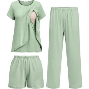 image:imageEkouaer 3 PCS Maternity Nursing Pajamas Set Postpartum Breastfeeding Short Sleeve Shirts Pregnancy Shorts amp Pants Pjs SXXLLight Green