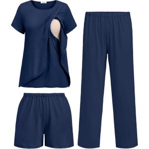 image:imageEkouaer 3 PCS Maternity Nursing Pajamas Set Postpartum Breastfeeding Short Sleeve Shirts Pregnancy Shorts amp Pants Pjs SXXLNavy Blue