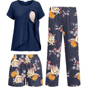 image:imageEkouaer 3 PCS Maternity Nursing Pajamas Set Postpartum Breastfeeding Short Sleeve Shirts Pregnancy Shorts amp Pants Pjs SXXLNavy Blue Print