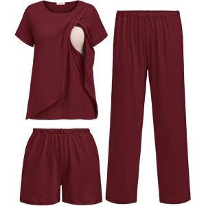 image:imageEkouaer 3 PCS Maternity Nursing Pajamas Set Postpartum Breastfeeding Short Sleeve Shirts Pregnancy Shorts amp Pants Pjs SXXLWine Red