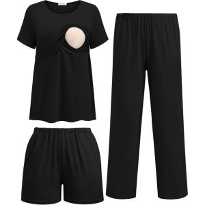 image:imageEkouaer 3 Piece Postpartum Nursing Pajamas Set Short Sleeve Breastfeeding Shirts Pregnancy Shorts amp Pants Maternity PjsBlack