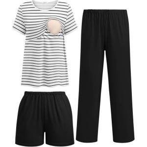 image:imageEkouaer 3 Piece Postpartum Nursing Pajamas Set Short Sleeve Breastfeeding Shirts Pregnancy Shorts amp Pants Maternity PjsBlack White Stripes
