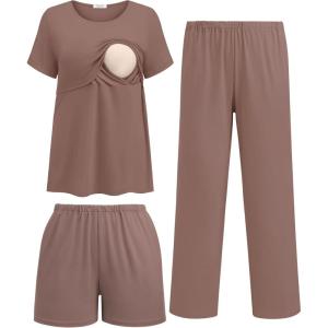 image:imageEkouaer 3 Piece Postpartum Nursing Pajamas Set Short Sleeve Breastfeeding Shirts Pregnancy Shorts amp Pants Maternity PjsBrown