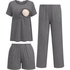 image:imageEkouaer 3 Piece Postpartum Nursing Pajamas Set Short Sleeve Breastfeeding Shirts Pregnancy Shorts amp Pants Maternity PjsDark Gray
