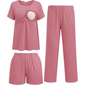 image:imageEkouaer 3 Piece Postpartum Nursing Pajamas Set Short Sleeve Breastfeeding Shirts Pregnancy Shorts amp Pants Maternity PjsGray Purple