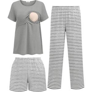 image:imageEkouaer 3 Piece Postpartum Nursing Pajamas Set Short Sleeve Breastfeeding Shirts Pregnancy Shorts amp Pants Maternity PjsGray Stripes