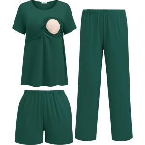 image:imageEkouaer 3 Piece Postpartum Nursing Pajamas Set Short Sleeve Breastfeeding Shirts Pregnancy Shorts amp Pants Maternity PjsLake Green