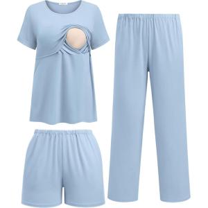 image:imageEkouaer 3 Piece Postpartum Nursing Pajamas Set Short Sleeve Breastfeeding Shirts Pregnancy Shorts amp Pants Maternity PjsLight Blue
