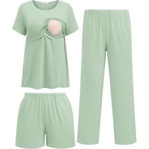 image:imageEkouaer 3 Piece Postpartum Nursing Pajamas Set Short Sleeve Breastfeeding Shirts Pregnancy Shorts amp Pants Maternity PjsLight Green
