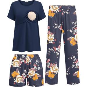 image:imageEkouaer 3 Piece Postpartum Nursing Pajamas Set Short Sleeve Breastfeeding Shirts Pregnancy Shorts amp Pants Maternity PjsNavy Blue Floral