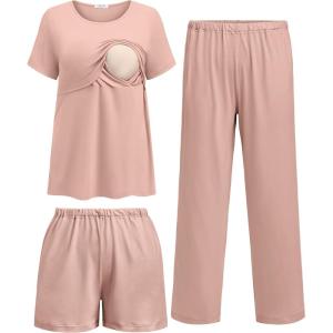 image:imageEkouaer 3 Piece Postpartum Nursing Pajamas Set Short Sleeve Breastfeeding Shirts Pregnancy Shorts amp Pants Maternity PjsPink