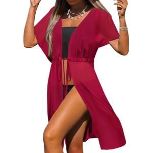 image:imageEkouaer Bathing Suit Cover Up Chiffon Swim Suit Coverup Tie Front Sheer Beach Kimono Coverups Swimwear CardigansA10red