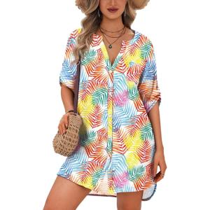 image:imageEkouaer Bathing Suit Cover Up for Women V Neck Button Down Swimsuit Coverup Beach Dress Shirt S3XLColorful Leaves