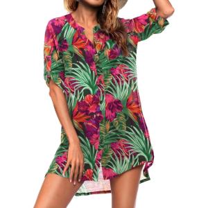 image:imageEkouaer Bathing Suit Cover Up for Women V Neck Button Down Swimsuit Coverup Beach Dress Shirt S3XLDh690tropical Print