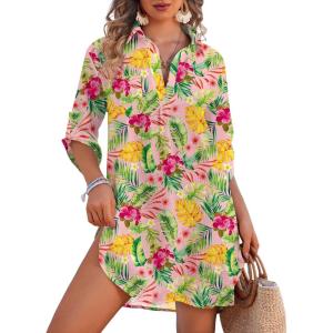 image:imageEkouaer Beach Cover Ups for Women Bikini Swimsuit Coverup Beach Dress ShirtPink  Color Leaf