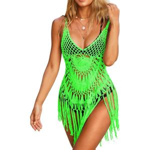 image:imageEkouaer Beach Swimsuit Cover Up Women Crochet Bikini Coverups Summer Pool Swimwear Tassel DressNeon Green