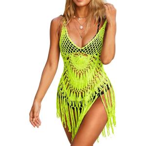image:imageEkouaer Beach Swimsuit Cover Up Women Crochet Bikini Coverups Summer Pool Swimwear Tassel DressNeon Yellow