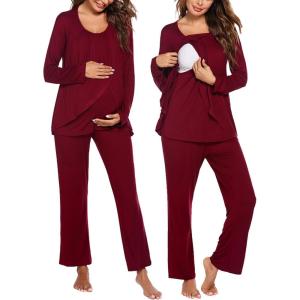 image:imageEkouaer Maternity Nursing Pajama Set Long Sleeve Top amp Pants with Pockets Breastfeeding Sleepwear Double Layer PregnancyA Wine Red