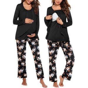 image:imageEkouaer Maternity Nursing Pajama Set Long Sleeve Top amp Pants with Pockets Breastfeeding Sleepwear Double Layer PregnancyBlack Floral
