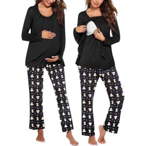 image:imageEkouaer Maternity Nursing Pajama Set Long Sleeve Top amp Pants with Pockets Breastfeeding Sleepwear Double Layer PregnancyBlack Star Beer