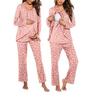 image:imageEkouaer Maternity Nursing Pajama Set Long Sleeve Top amp Pants with Pockets Breastfeeding Sleepwear Double Layer PregnancyLeopard Pink
