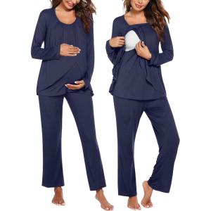 image:imageEkouaer Maternity Nursing Pajama Set Long Sleeve Top amp Pants with Pockets Breastfeeding Sleepwear Double Layer PregnancyNavy Blue