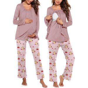 image:imageEkouaer Maternity Nursing Pajama Set Long Sleeve Top amp Pants with Pockets Breastfeeding Sleepwear Double Layer PregnancyPink Beer Stripe
