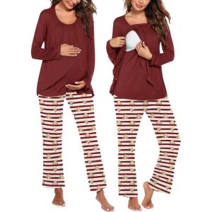 image:imageEkouaer Maternity Nursing Pajama Set Long Sleeve Top amp Pants with Pockets Breastfeeding Sleepwear Double Layer PregnancyWine Beer Stripe