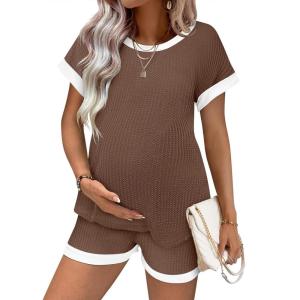 image:imageEkouaer Maternity Pajamas 2 Piece Outfits Waffle Knit Short Sleeve Tops and Shorts Loungewear Set Pregnancy ClothesBrown