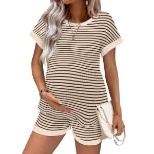 image:imageEkouaer Maternity Pajamas 2 Piece Outfits Waffle Knit Short Sleeve Tops and Shorts Loungewear Set Pregnancy ClothesBrown Stripes