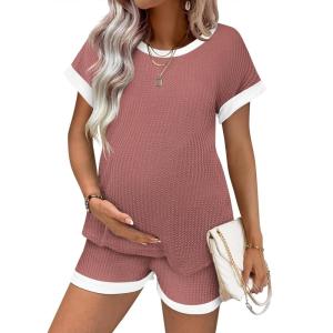 image:imageEkouaer Maternity Pajamas 2 Piece Outfits Waffle Knit Short Sleeve Tops and Shorts Loungewear Set Pregnancy ClothesBurgundy
