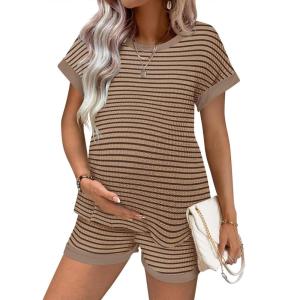 image:imageEkouaer Maternity Pajamas 2 Piece Outfits Waffle Knit Short Sleeve Tops and Shorts Loungewear Set Pregnancy ClothesCoffee Stripes