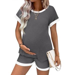 image:imageEkouaer Maternity Pajamas 2 Piece Outfits Waffle Knit Short Sleeve Tops and Shorts Loungewear Set Pregnancy ClothesDark Grey