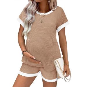 image:imageEkouaer Maternity Pajamas 2 Piece Outfits Waffle Knit Short Sleeve Tops and Shorts Loungewear Set Pregnancy ClothesLight Khaki