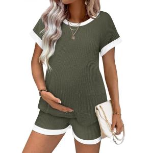 image:imageEkouaer Maternity Pajamas 2 Piece Outfits Waffle Knit Short Sleeve Tops and Shorts Loungewear Set Pregnancy ClothesOlive Green